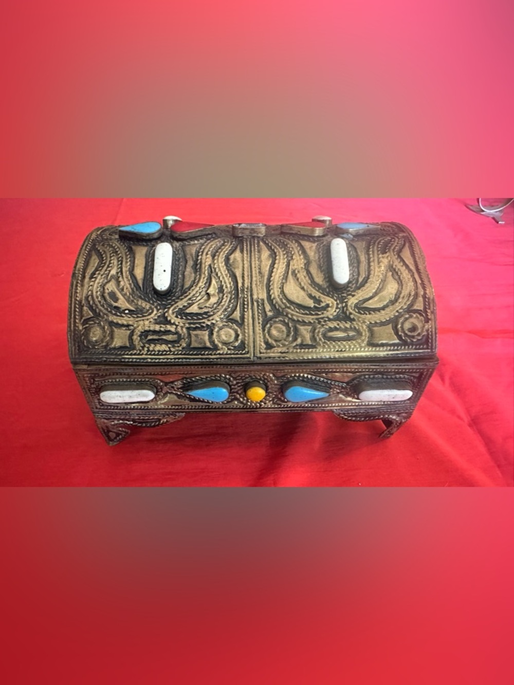 Handcrafted Decorative Metal Jewelry Box with Turquoise and Yellow Inlay